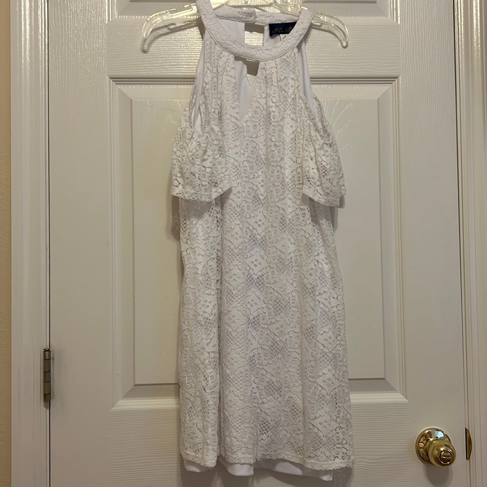 White floral dress, cold shoulder